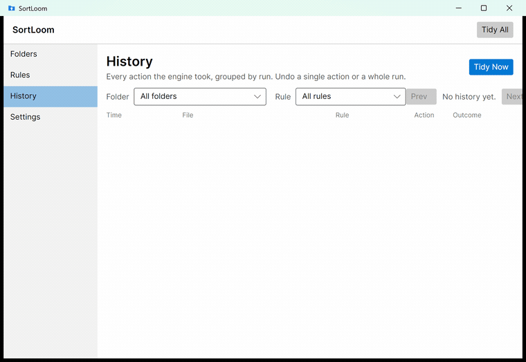 Screen recording: files are dropped into a folder and SortLoom immediately moves each one to its matching subfolder, then the moves appear in the history list.